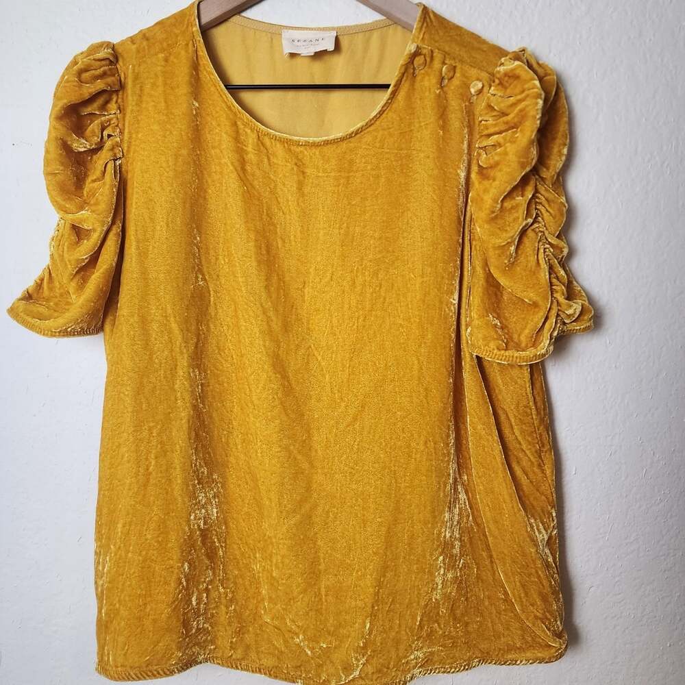 Sezane Blouse Womens 40 Mustard Yellow Velvet Puff Sleeve Ruffle Button Top